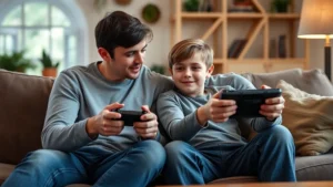 Parent and preteen child sitting together on couch, parent listening attentively while child explains video game interest, warm living room setting, natural lighting, engaged conversation