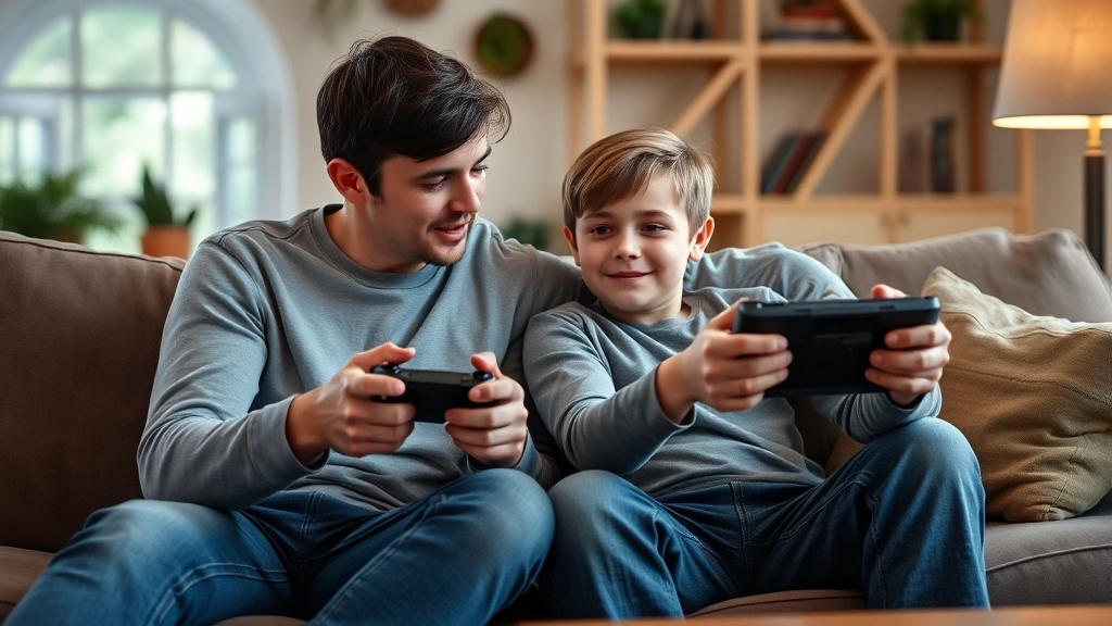 Parent and preteen child sitting together on couch, parent listening attentively while child explains video game interest, warm living room setting, natural lighting, engaged conversation