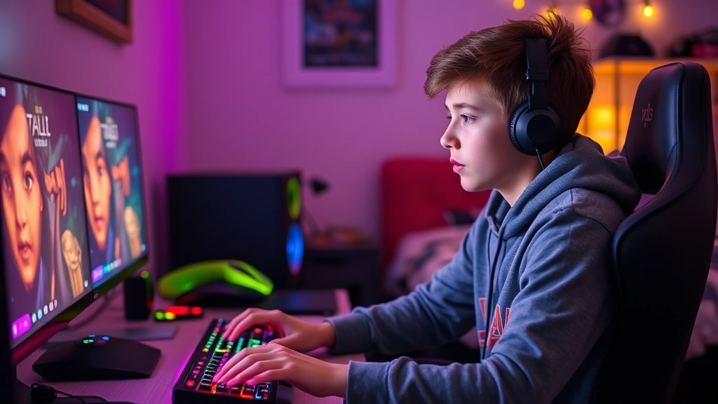 Young teenager playing video game at desk with gaming setup, focused expression, colorful gaming peripherals, bedroom environment, calm concentrated atmosphere
