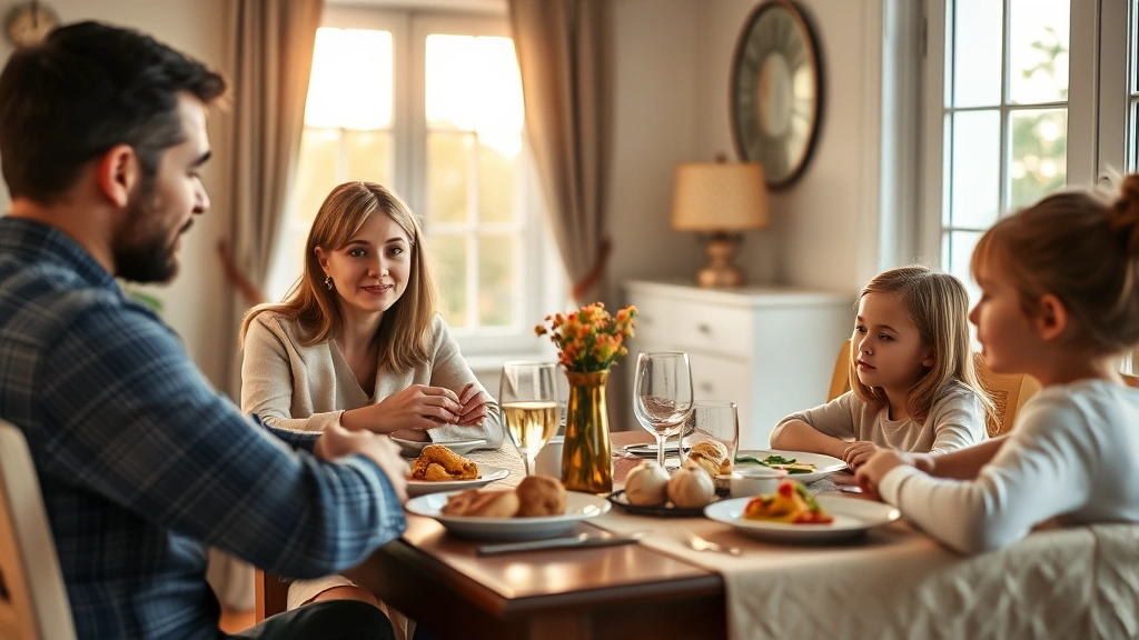 Family having discussion at dinner table, parent and two children talking, open communication body language, warm home setting, evening natural light through window
