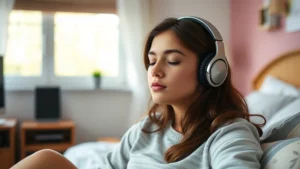 Teenage girl with headphones sitting peacefully in bedroom, eyes closed, listening to music thoughtfully, natural window light, serene expression of emotional connection