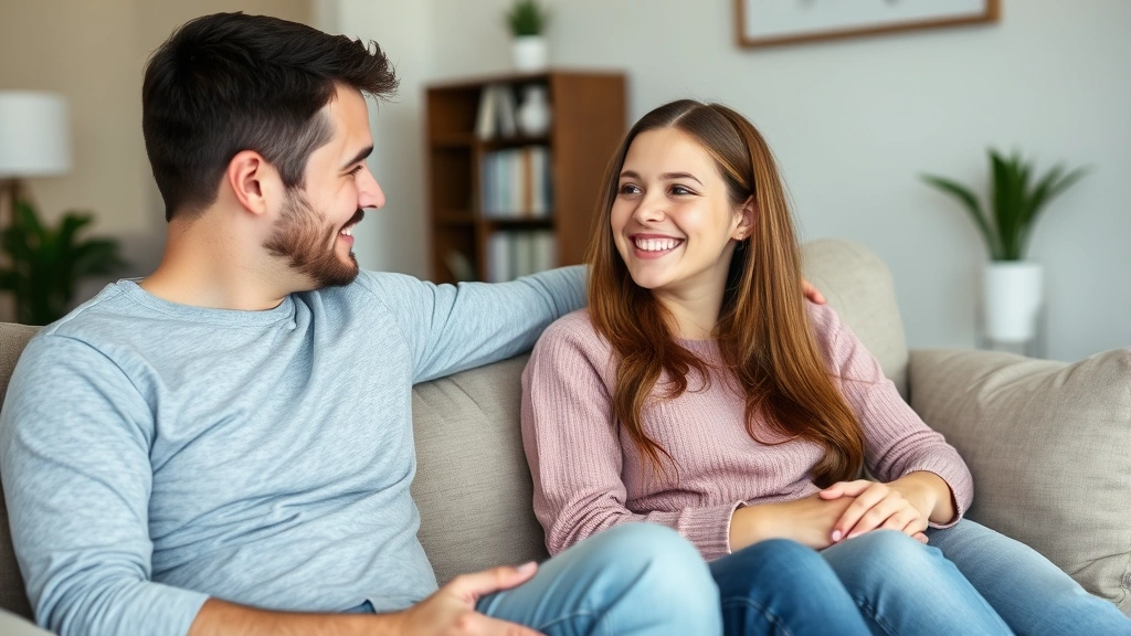 Parent and teenager sitting together on couch having conversation, relaxed body language, genuine connection, warm home setting, both smiling naturally at each other