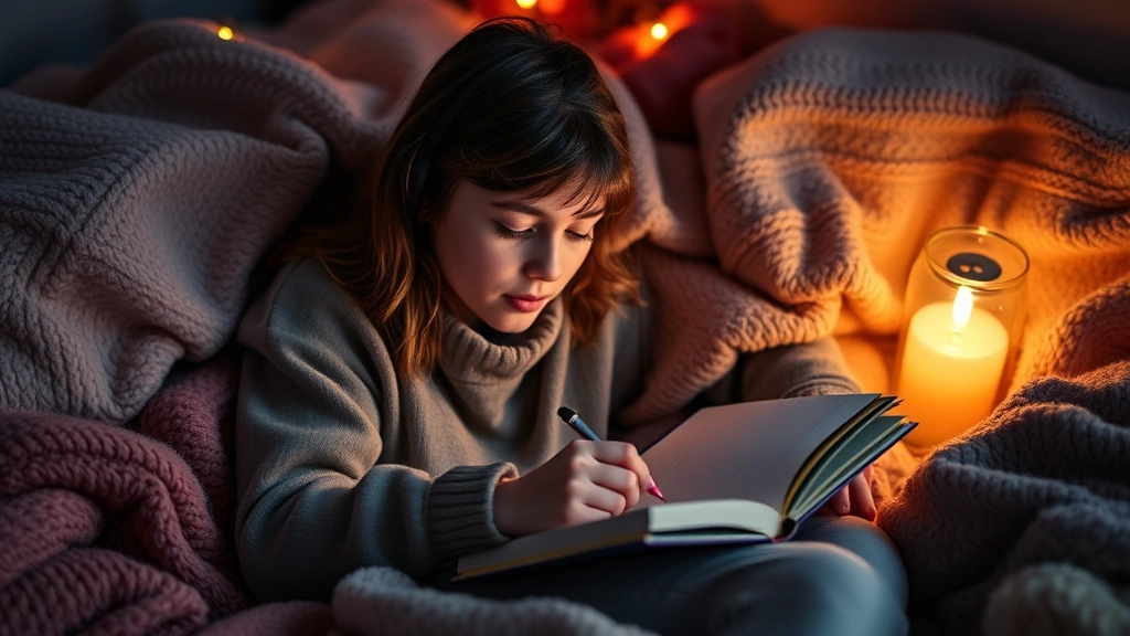 Young person journaling while music plays, surrounded by cozy blankets and soft lighting, peaceful emotional processing moment, vulnerable but safe atmosphere