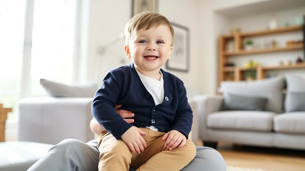 Smiling baby boy wearing navy blue cardigan over white bodysuit and khaki pants, sitting on mother's lap in bright living room, natural sunlight streaming through windows