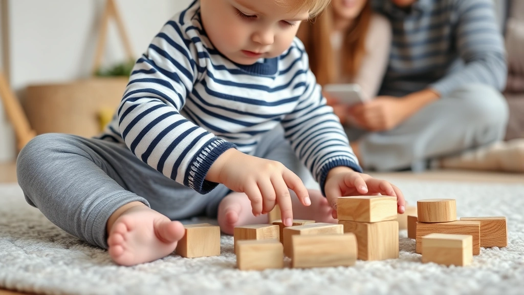 Close-up of toddler boy in striped long-sleeve shirt and soft gray joggers, playing with wooden blocks on soft playmat, cozy home setting with parents nearby
