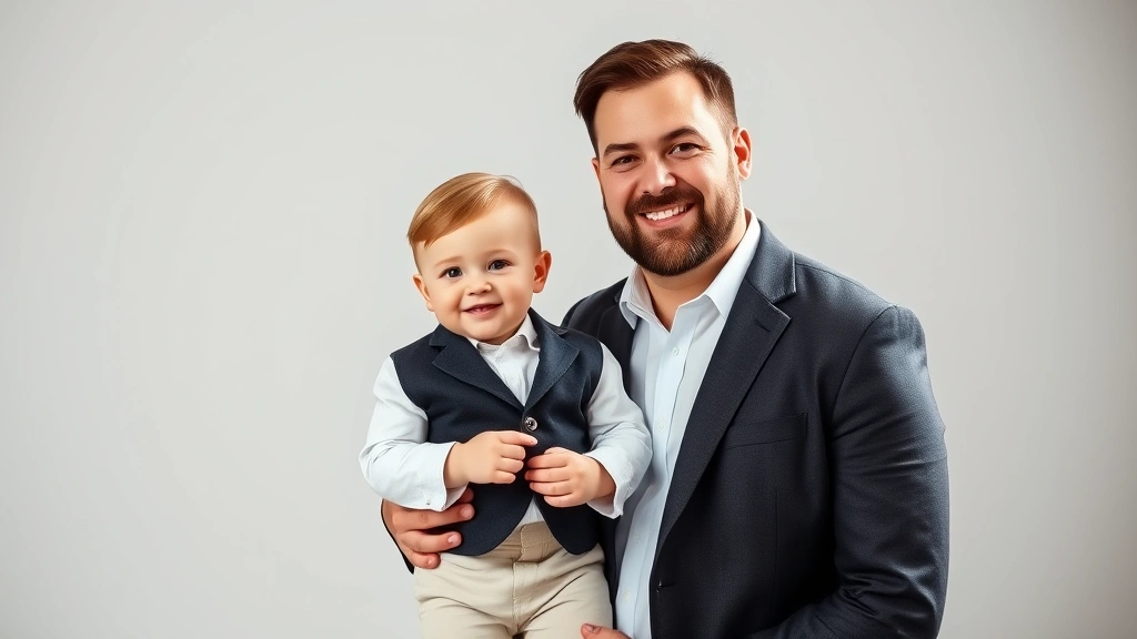 Baby boy in formal outfit with tiny blazer, white collared shirt and dress pants, standing with father during family photo session, professional studio lighting, genuine smiles
