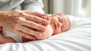 Close-up of gentle parent hands massaging a peaceful newborn baby's arm on soft white bedding, natural window lighting