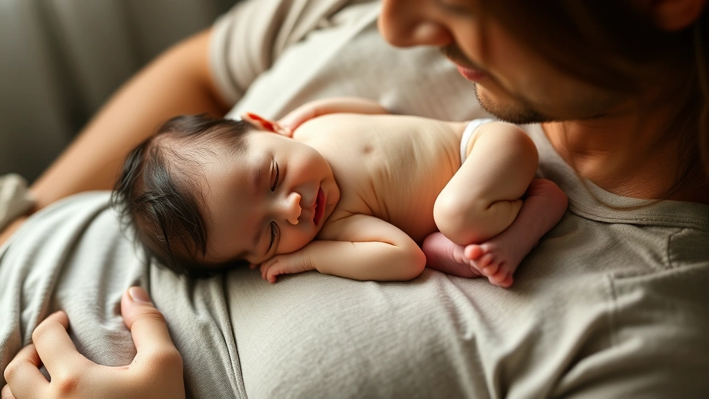 Newborn lying peacefully on parent's chest during bonding moment, soft natural lighting, intimate family scene