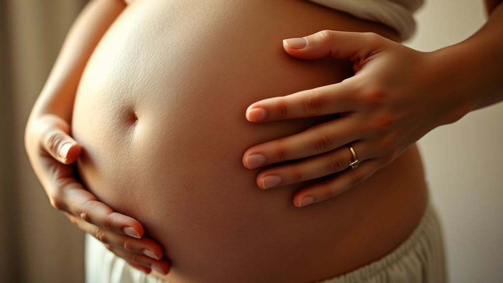 Close-up of pregnant belly with visible movement ripples, hands cradling abdomen protectively, soft warm lighting, intimate pregnancy moment capturing life