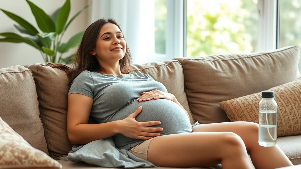 Pregnant woman relaxing on couch with water bottle nearby, comfortable maternity wear, serene expression, bright natural home environment, expectant and content