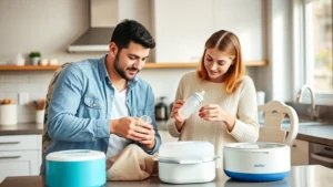Parents unpacking and examining baby feeding bottles and sterilizer equipment in a modern kitchen, genuine family moment with natural lighting