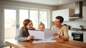 Two parents sitting at kitchen table with young child between them, smiling warmly, reviewing calendar together, modern bright home interior