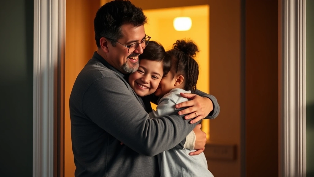 Parent and child hugging in doorway during custody exchange, warm lighting, both smiling gently, representing positive co-parenting moment