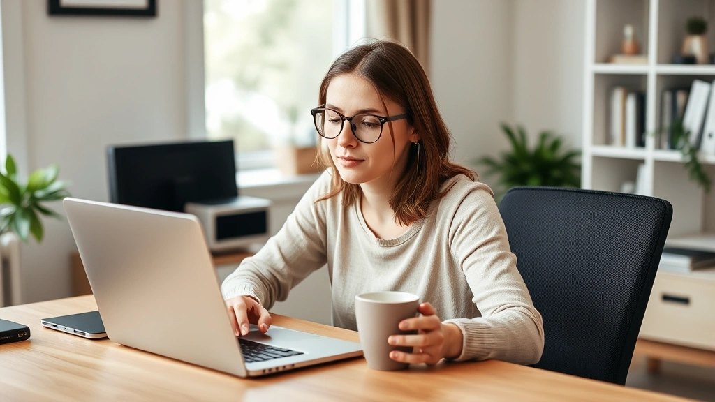 Single parent at desk with laptop, coffee cup, looking peaceful and focused, home office setting, representing self-care and wellbeing during divorce
