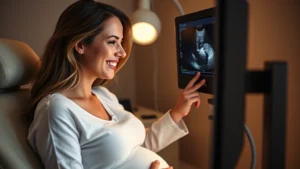 Pregnant woman in third trimester having an ultrasound appointment, smiling while looking at the monitor with her healthcare provider pointing at the screen, warm clinical lighting, genuine emotional connection