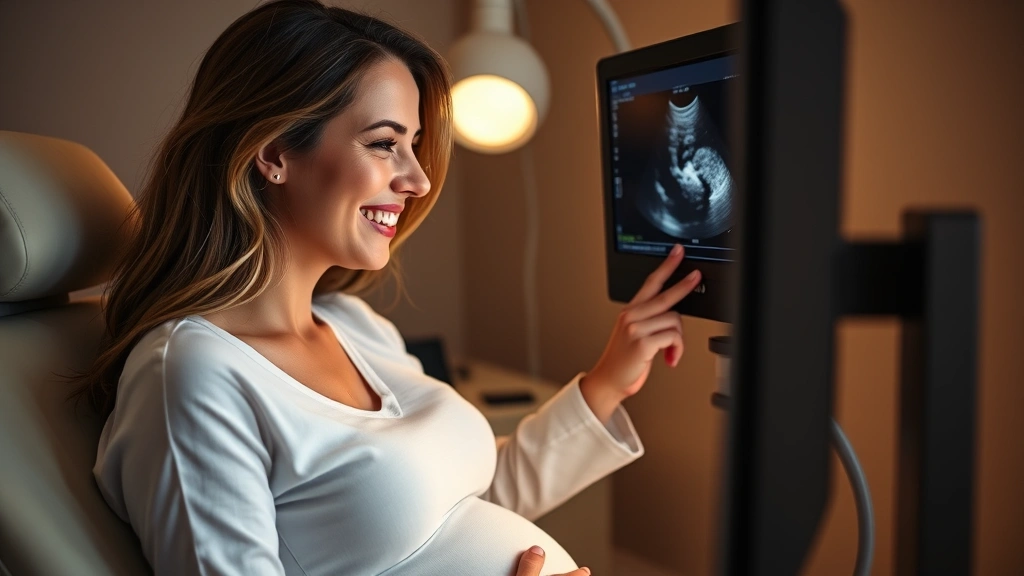 Pregnant woman in third trimester having an ultrasound appointment, smiling while looking at the monitor with her healthcare provider pointing at the screen, warm clinical lighting, genuine emotional connection