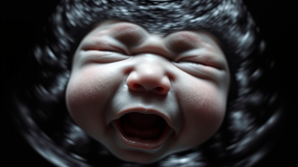 Close-up of 4D ultrasound image showing a baby's face with mouth open, detailed fetal features visible, medical imaging display, educational and wonder-filled moment for expectant parents