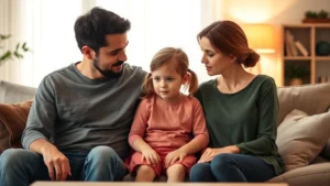 Two parents sitting calmly with their young daughter between them in a living room, having a serious but gentle conversation, warm lighting, both parents looking at child with love and concern