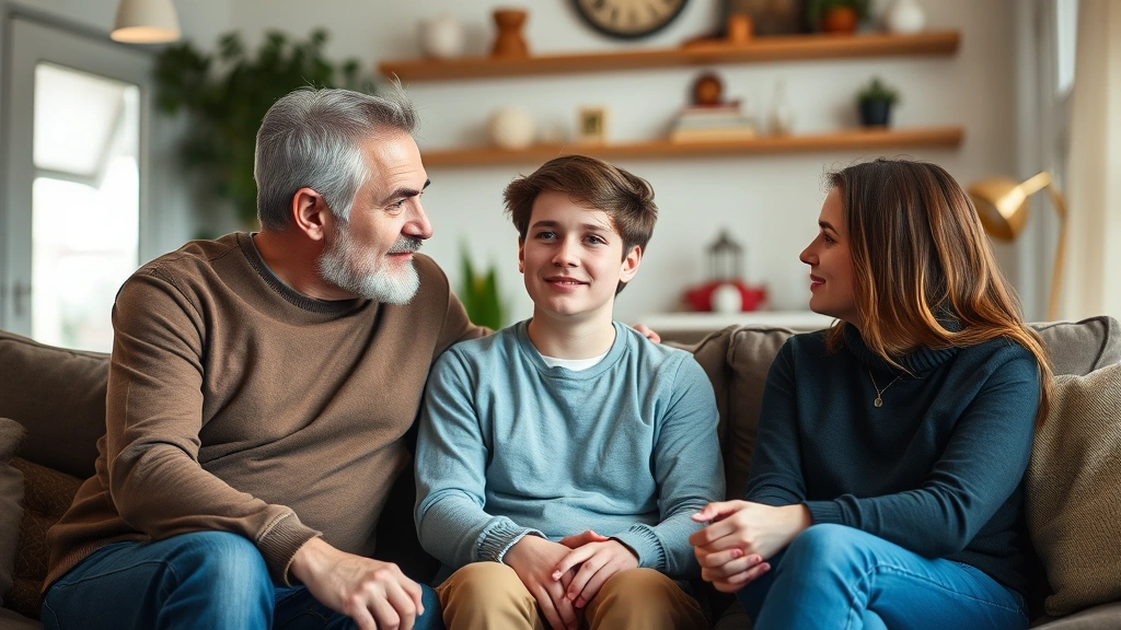 Father and mother sitting separately but nearby their teenage son who looks thoughtful, in a comfortable home setting, showing respectful co-parenting during difficult discussion