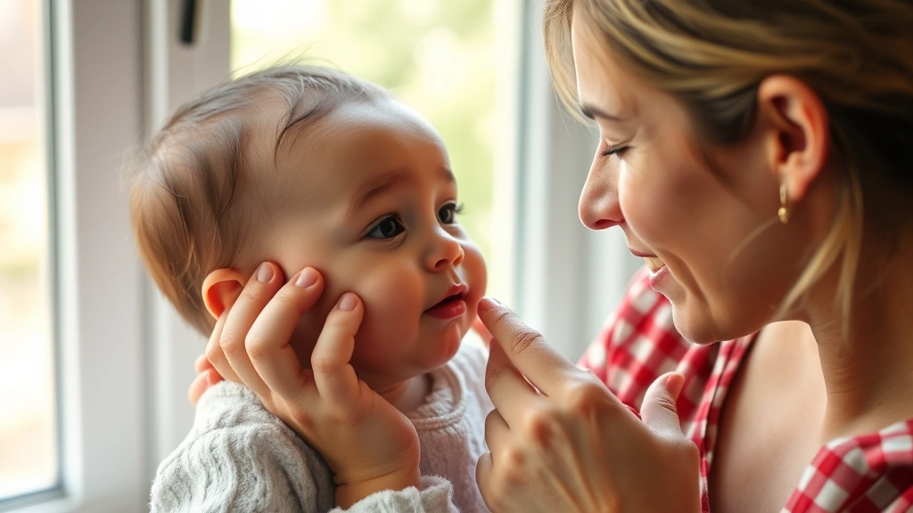 Mother carefully examining baby's facial skin condition checking for reactions or irritation, natural window lighting, tender parental care moment