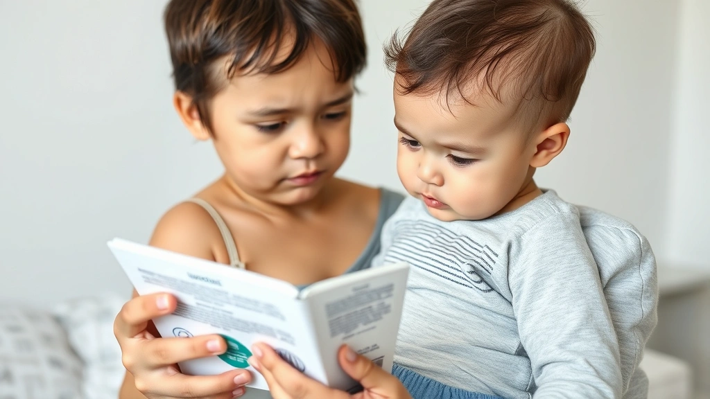Parent holding baby while reading skincare product label and ingredients, educational parenting moment, concerned but caring expression, product packaging visible