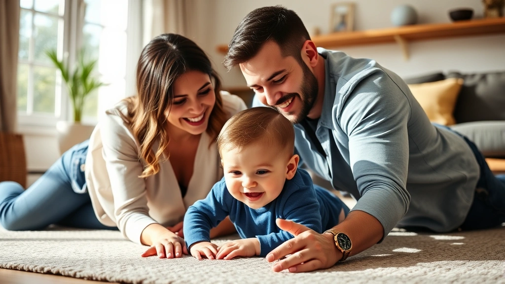 Mother and father doing tummy time with infant on living room floor, joyful interaction, natural daylight, supportive partnership visible