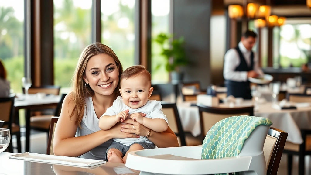 Happy family with baby at upscale resort restaurant. Parent holding smiling infant while seated at table with high chair nearby. Warm natural lighting from large windows, elegant dining setting with attentive server in background.