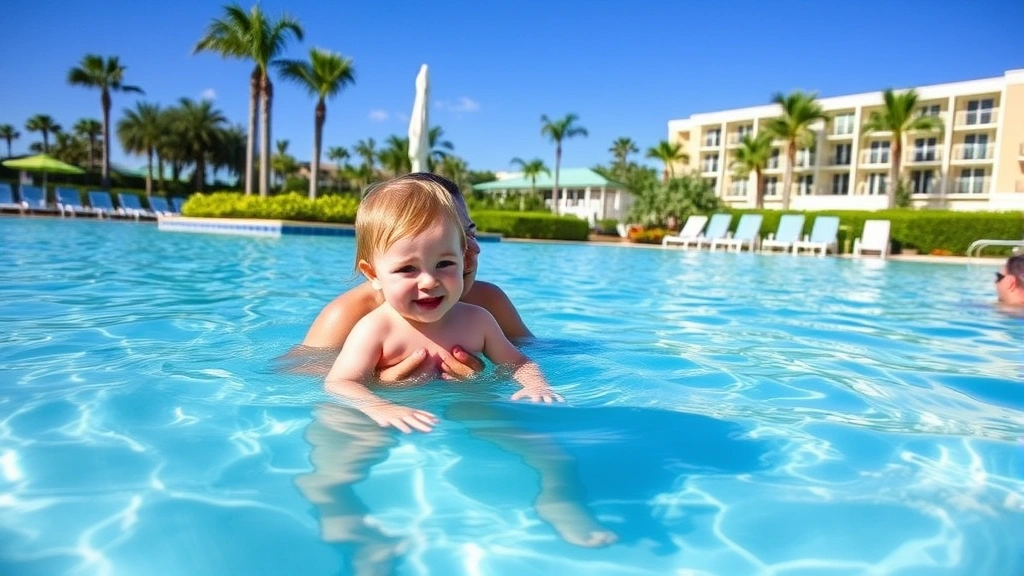Young toddler safely playing in shallow resort pool with parent providing constant supervision. Clear blue water, tropical landscaping, resort buildings visible. Parent in water holding child, both smiling. Sunny Florida day, family vacation atmosphere.