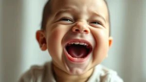 Happy baby laughing with mouth wide open, bright lighting, close-up face shot showing genuine joy and innocence, soft background