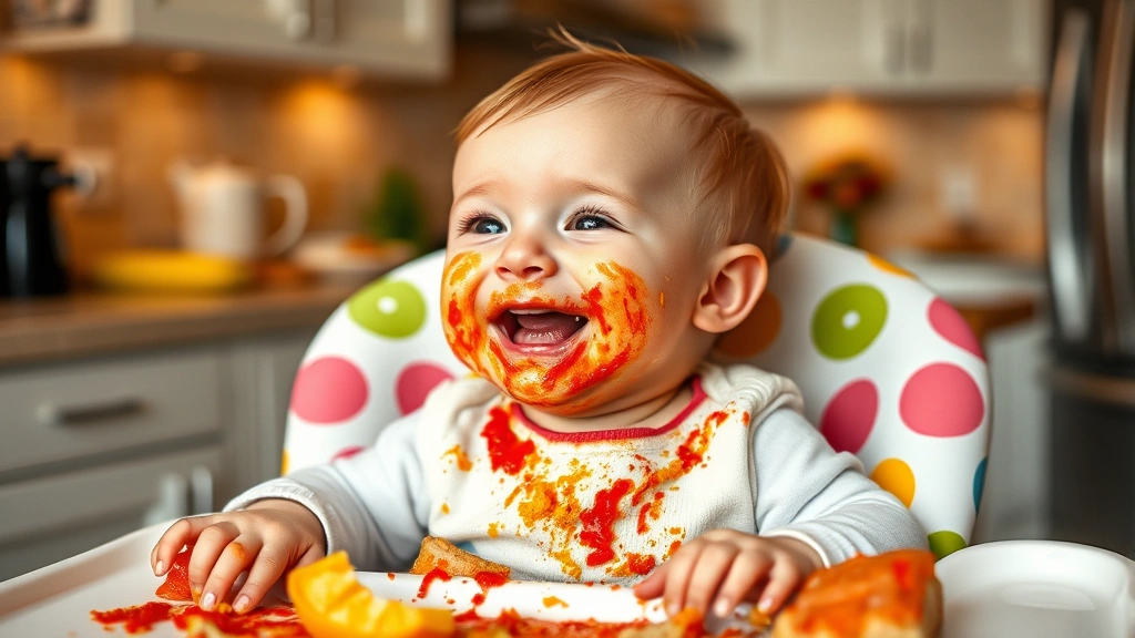 Baby sitting in high chair covered in colorful food, messy face with food smeared everywhere, laughing expression, warm kitchen lighting