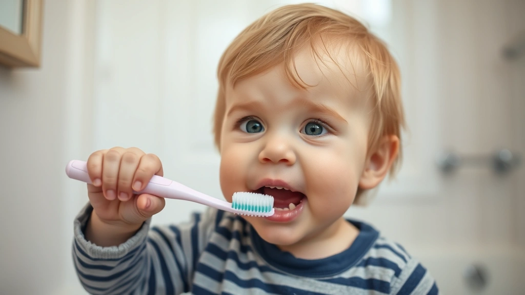 Toddler attempting to brush teeth with oversized toothbrush, concentrated serious expression, bathroom setting, soft natural light, adorable focus