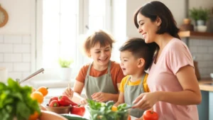 Mother and young child laughing together in bright kitchen while preparing healthy meal with fresh vegetables, natural sunlight streaming through window, warm family bonding moment
