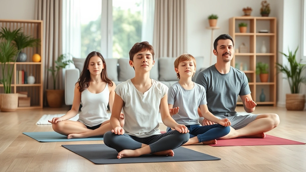 Family of four sitting cross-legged in meditation pose on yoga mats in peaceful living room, children and parents with eyes closed in mindfulness practice, serene home environment