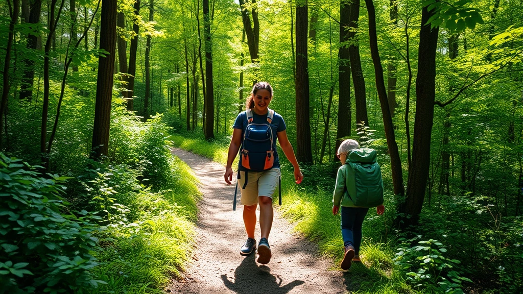 Parent and child hiking together in lush green forest, holding hands on woodland trail, sunlight filtering through trees, joyful exploration of nature, authentic outdoor adventure