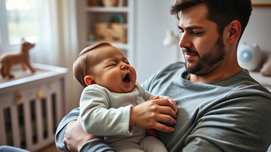 Tired baby yawning in father's arms during gentle rocking motion, cozy nursery with soft lighting, white noise machine visible on nightstand