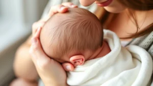 Close-up of parent's hands gently cradling newborn baby's head and neck in cradle hold position, soft natural lighting, tender moment showing proper support