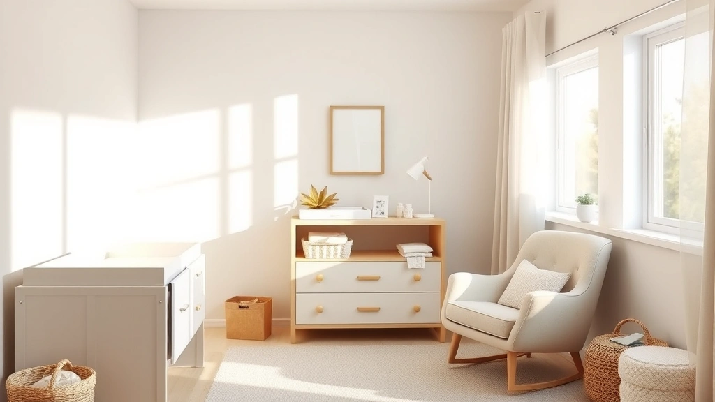 Peaceful nursery with soft lighting, organized changing table, comfortable nursing chair, and welcoming natural light streaming through windows, photorealistic parenting space