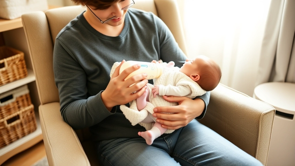 Parent holding newborn while holding bottle and burp cloth, sitting in comfortable nursery chair with storage baskets visible, warm natural lighting, genuine parenting moment