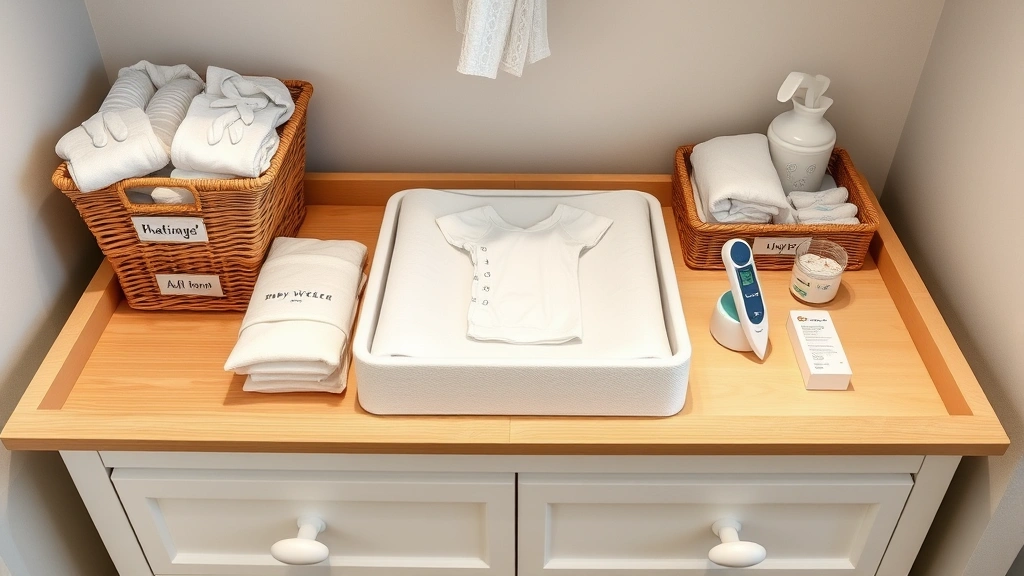 Organized changing table setup with labeled storage baskets, folded baby clothes, diapers, wipes, thermometer, and safety items neatly arranged, photorealistic functional nursery space