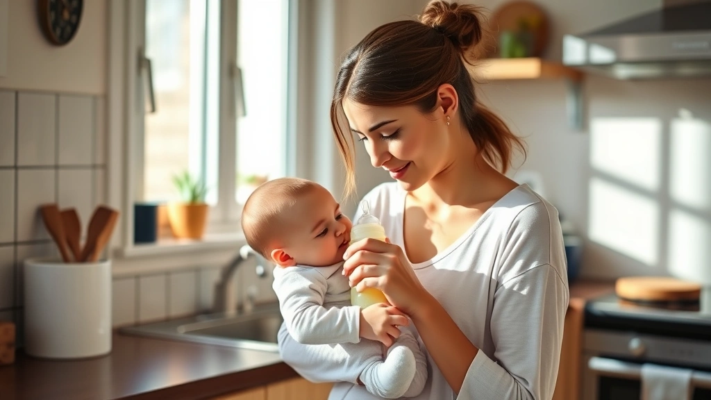 Young mother in kitchen gently preparing baby formula in bottle, natural lighting from window, warm nurturing expression, peaceful home setting