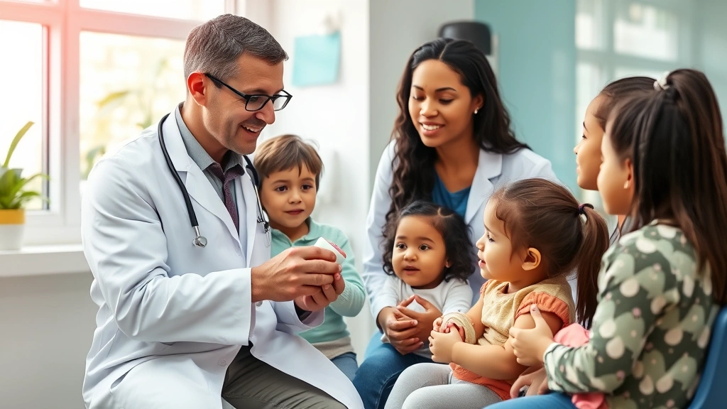 Pediatrician in white coat discussing formula options with diverse parents in bright clinic office, trust and expert guidance atmosphere