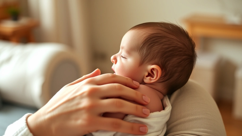 Close-up of mother holding newborn baby during feeding time, warm natural lighting, peaceful bonding moment, organic home setting