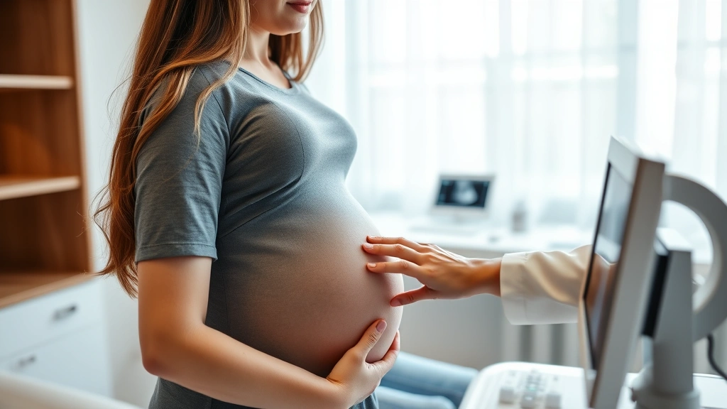 Pregnant woman in third trimester receiving ultrasound examination from healthcare provider in modern clinic setting, warm lighting, supportive atmosphere