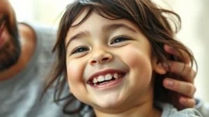 Close-up of a smiling child showing a missing baby tooth gap, natural lighting, parent's hand gently touching child's shoulder in background, warm family moment