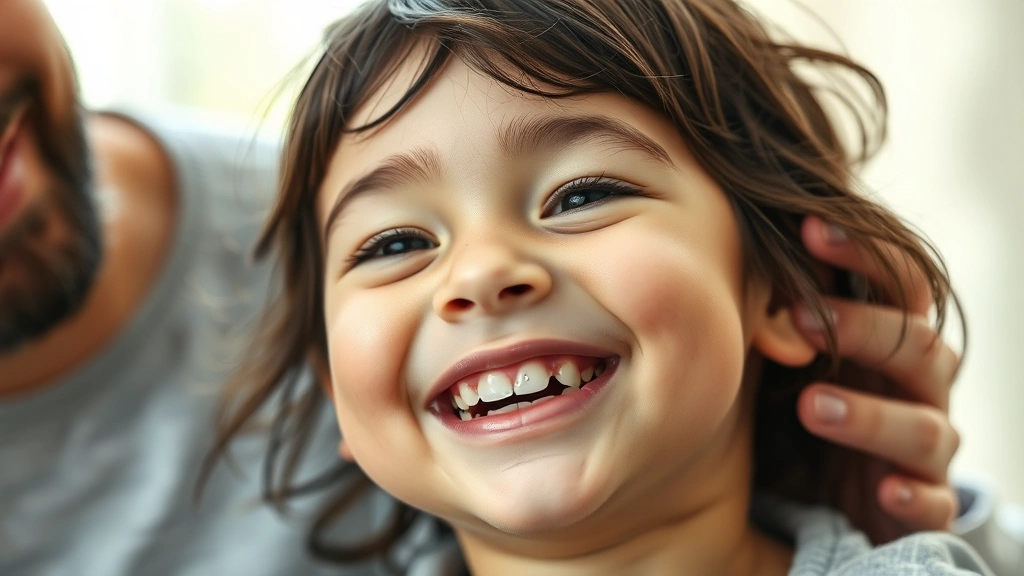 Close-up of a smiling child showing a missing baby tooth gap, natural lighting, parent's hand gently touching child's shoulder in background, warm family moment