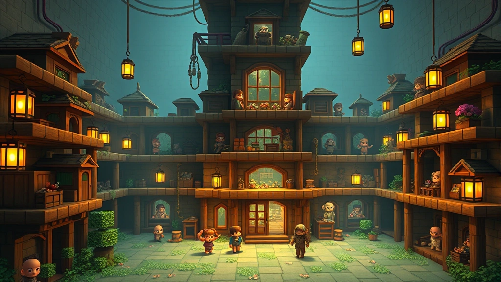 An organized vertical villager breeding facility with multiple stacked chambers, hoppers delivering food, glowing lanterns illuminating the space, and healthy villagers at different life stages