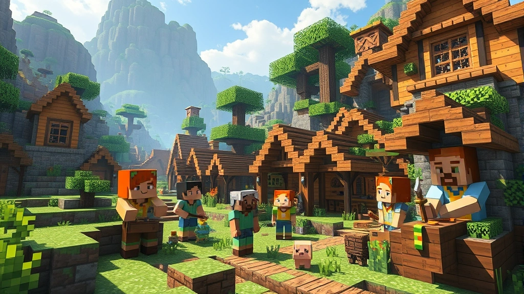 A thriving Minecraft village with prosperous adult villagers trading at workstations, well-fed and happy, with baby villagers growing in a secure, bright, resource-rich environment