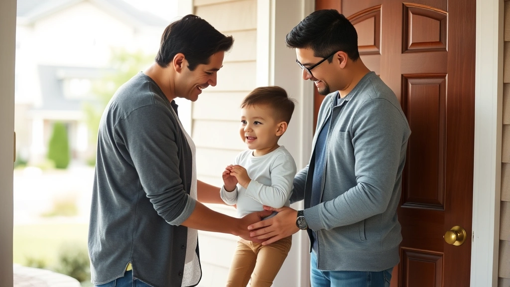 Peaceful co-parenting moment: father and mother peacefully exchanging child at doorway, both smiling, child excited, suburban home setting