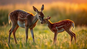 A gentle doe nuzzling her fawn in a peaceful meadow at golden hour, both animals calm and connected, showing maternal warmth and bonding in natural wildlife setting