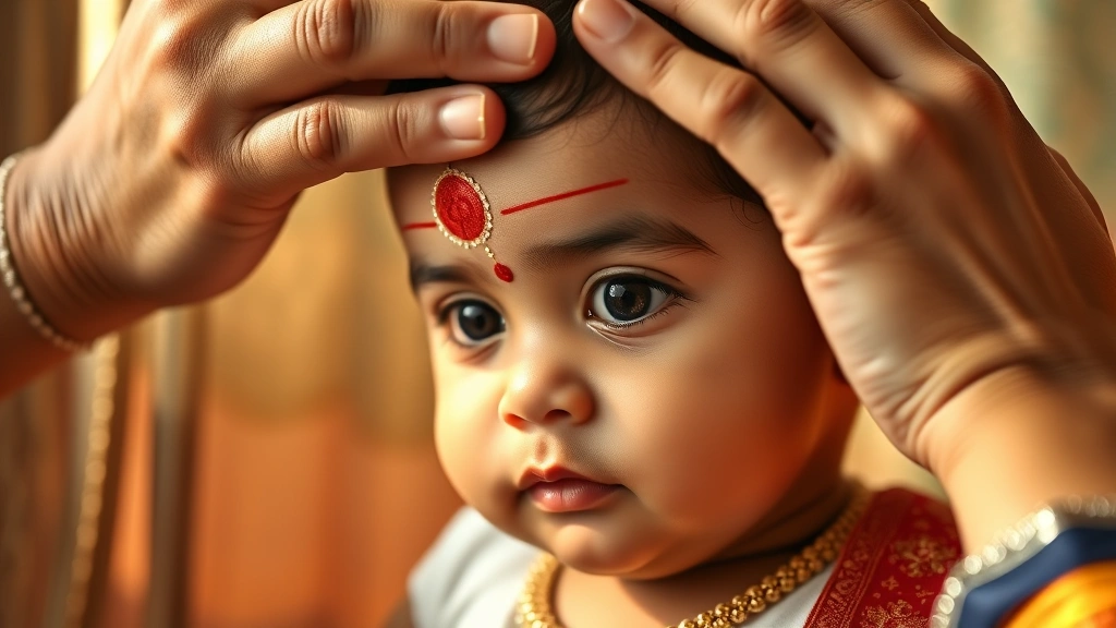 Close-up of baby's face during traditional tilak application, elder family member's hands gently marking forehead, warm natural light, moments of cultural connection